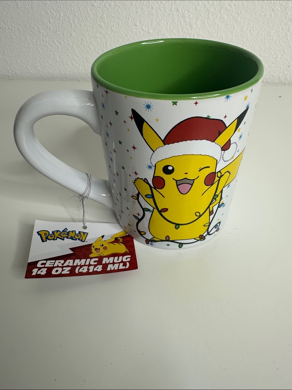 Pokemon Pikachu Christmas Mug - White Exterior, Green Interior